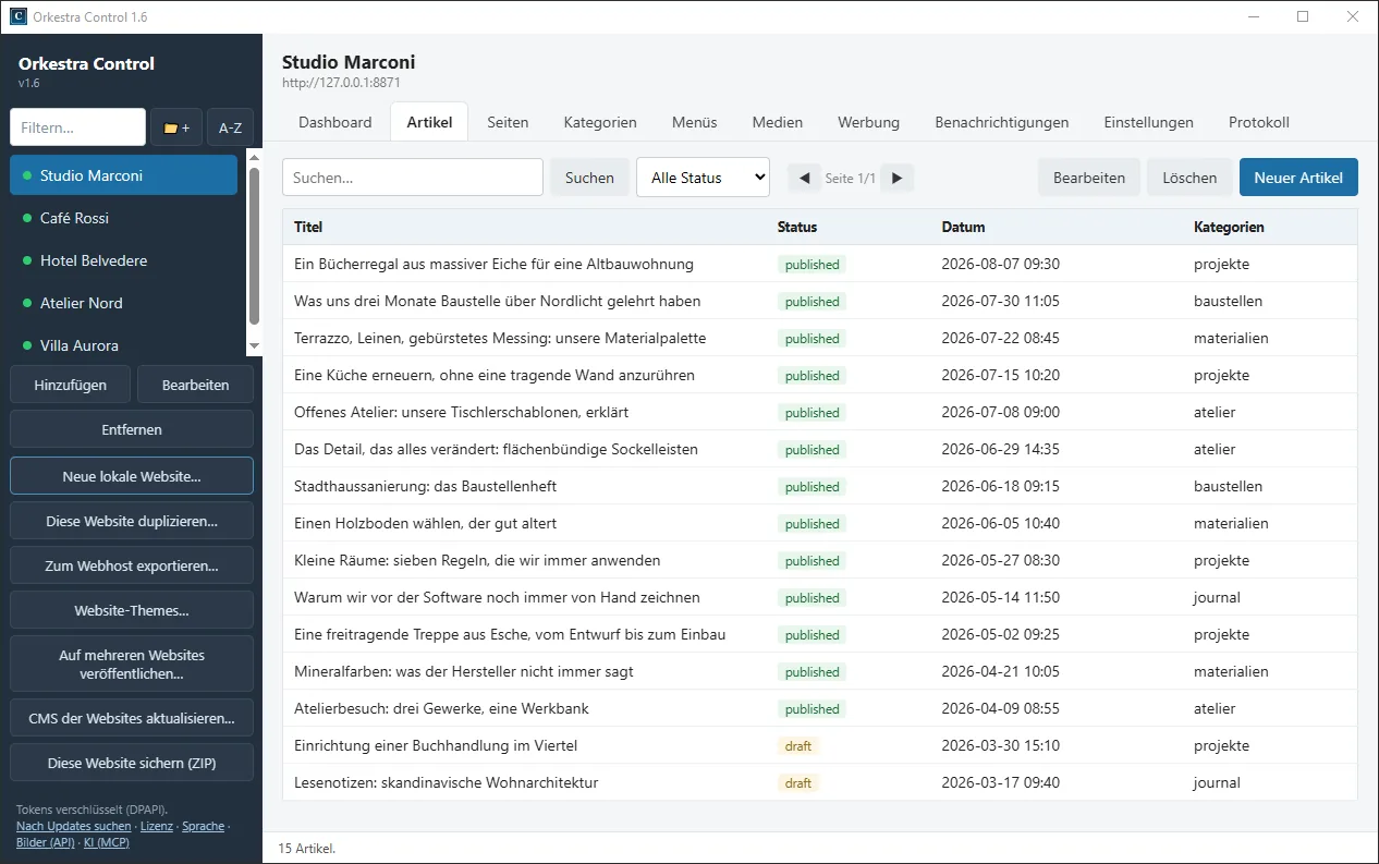 Die Artikelliste einer Website in Orkestra Control: Titel, Status, Datum und Kategorie jedes Artikels, dazu Suche, Statusfilter und die Schaltfläche für einen neuen Artikel.