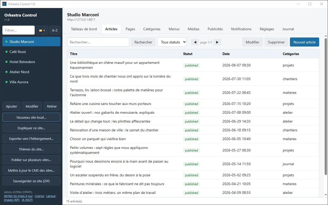 Liste des articles d'un site dans Orkestra Control : titre, statut, date et catégorie de chaque article, avec la recherche, le filtre par statut et le bouton de création.